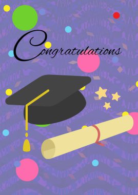 Tebrik metni ve mezuniyet şapkası ve mor arkaplandaki soyut şekillere karşı derece simgeleri. mezuniyet töreni ve davetiye şablonu tasarım kavramı