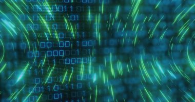 Sanal veri tünelinde hareket eden mavi ikili matris ve neon yeşil yay panelleri var. Dijital, soyut, fütüristik, siber uzay, ızgara, ışıltı, cyan