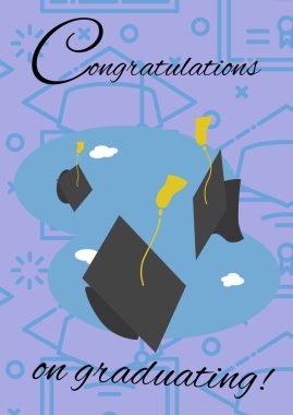 Mezuniyet mesajı ve mezuniyet konsepti ikonlarına karşı birden fazla mezuniyet şapkası ikonu. mezuniyet töreni ve davetiye şablonu tasarım kavramı