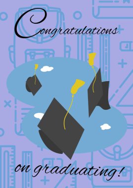 Mezuniyet mesajı ve mezuniyet konsepti ikonlarına karşı birden fazla mezuniyet şapkası ikonu. mezuniyet töreni ve davetiye şablonu tasarım kavramı