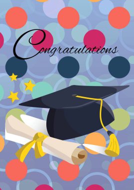 Tebrik metni ve mezuniyet şapkası ve mor arkaplandaki soyut şekillere karşı derece simgeleri. mezuniyet töreni ve davetiye şablonu tasarım kavramı