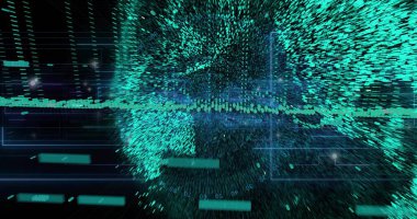 Sanal 3 boyutlu veri uzayında yoğun deniz mavisi noktası bulut küresi oluşturuluyor, dalga formu, ızgara, UI gösteriliyor. Küre, neon, ışıltı, parçacıklar, akıntılar, holografik, cyan