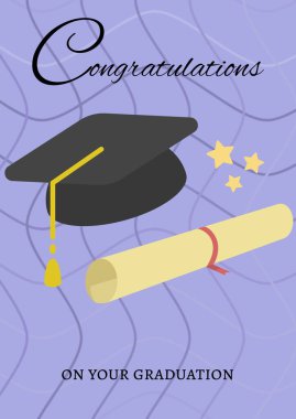 Mezuniyet şapkası ve mor arka plandaki dalgalı çizgilere karşı diploma diplomasıyla ilgili tebrik mesajı. mezuniyet töreni ve davetiye şablonu tasarım kavramı