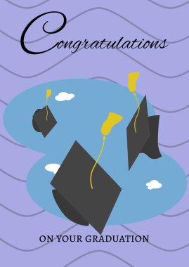 Mor arkaplandaki dalgalı çizgilere karşı birden fazla mezuniyet şapkası ikonu için tebrik mesajı. mezuniyet töreni ve davetiye şablonu tasarım kavramı