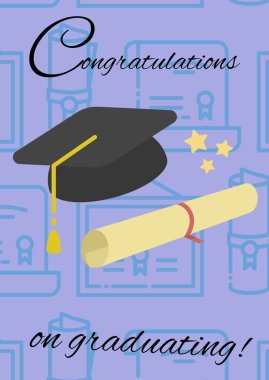 Mezuniyet konsepti ikonalarına karşı mesaj ve mezuniyet şapkası ve diploma diploması ikonları. mezuniyet töreni ve davetiye şablonu tasarım kavramı