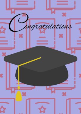 Mezuniyet şapkası ve mor arkaplan kitaplarıyla tebrik mesajı. mezuniyet, eğitim ve kutlama konsepti dijital olarak oluşturulmuş imaj.