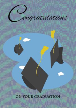 Tebrik mesajı ve mor arkaplandaki dalgalı çizgilere karşı birden fazla mezuniyet şapkası. mezuniyet töreni ve davetiye şablonu tasarım kavramı