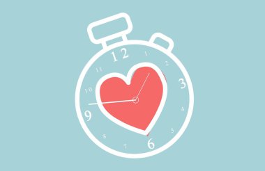 Kırmızı kalbin dijital olarak oluşturulmuş görüntüsü mavi arkaplana karşı bir saat simgesi üzerinde. Tıbbi sağlık geçmişi şablonu illüstrasyon kavramı