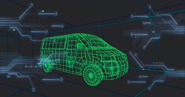 Sanal tünelde tekerlekleri ve siyan devreleri olan orta ölçekli yeşil bir minibüs. Neon, araç, koridor, gelecek, siber, görselleştirme, veri