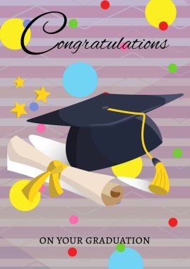 Tebrik mesajı ve mezuniyet şapkası ve çizgili mor arkaplandaki renkli noktalara karşı diploma. mezuniyet töreni ve davetiye şablonu tasarım kavramı