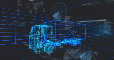 Sanal simülasyon ızgarasında dönen mavi kablo ticari kamyoneti HUD kaplamalarıyla oluşturuluyor. Neon, cyan, futuristik, dijital, araç, telemetri, veri