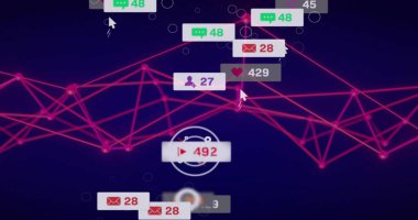 492 numaralı oyun rozeti ve imleçler gösterilen gösterge panelinde merkezli uyarı rozetleri gösteriliyor. Analizler, görselleştirme, arayüz, ağ, neon, morumsu, gradyan