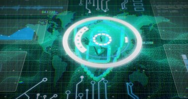 Sanal gösterge panelinde süzülerek dönen holografik HUD dünya haritası, ızgara ve sayısal verileri gösteriyor. Coğrafi, analitik, görselleştirme, neon, deniz mavisi, yeşil, devreler