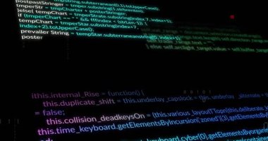 Koyu arkaplanda kod ve veri işleme animasyonu programlanıyor. Teknoloji, kodlama, yazılım, dijital, geleceksel, geliştirme