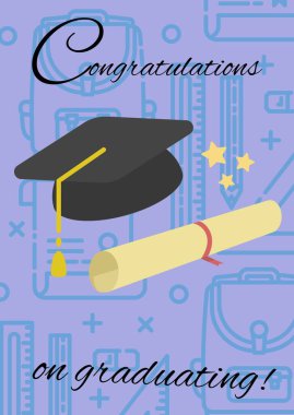 Mezuniyet konsepti ikonalarına karşı mesaj ve mezuniyet şapkası ve diploma diploması ikonları. mezuniyet töreni ve davetiye şablonu tasarım kavramı