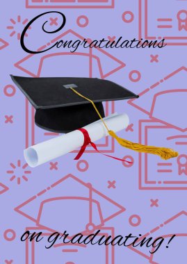 Mezuniyet konsepti ikonalarına karşı mesaj ve mezuniyet şapkası ve diploma diploması ikonları. mezuniyet töreni ve davetiye şablonu tasarım kavramı