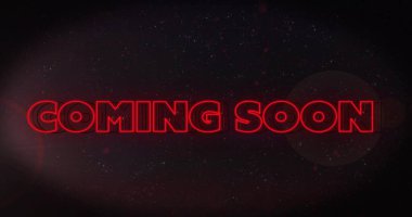 Dijital posterde, yıldız alanı ve mercek fişekleri ile yakın zamanda gelen koyu kırmızı neon ışığı görüntüleniyor. Uzay, yıldızlar, harfler, ışıltı, ışıltı, fütüristik, sinematik