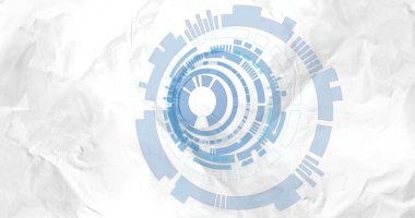 Buruşuk kağıtlara odaklanmış soluk mavi eşmerkezli halkalar gösteriyor, soluk lekeler, yumuşak gölgeler ekliyor. Hud, dairesel, soyut, minimal, geometrik, desenli, buruşuk