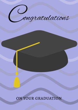 Mezuniyet şapkası ikonu için tebrik mesajı, mor arkaplandaki dalgalı çizgilere karşı. mezuniyet töreni ve davetiye şablonu tasarım kavramı