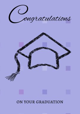 Mezuniyet şapkası ikonu için tebrik mesajı. Mor arkaplandaki kare şekillere karşı. mezuniyet töreni ve davetiye şablonu tasarım kavramı