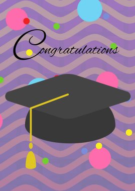 Mezuniyet şapkası için tebrik mesajı. Mor dalga çizgilerinin üzerinde çok renkli lekeler var. mezuniyet, eğitim ve kutlama konsepti dijital olarak oluşturulmuş imaj.