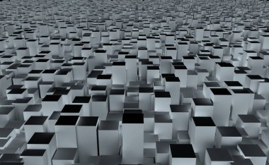 Siyah arkaplana karşı üç boyutlu gri blokların soyut çizimi. Soyut şekiller kavramına sahip soyut desenli arkaplan