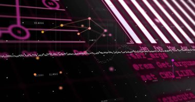 Noktalı dalga formu ve düğüm-bağlantı grafiğiyle, koyu panelde soyut veri görselleştirmesi gösteriliyor. Fütürist, neon, siber, arayüz, ağ, ızgara, barkod