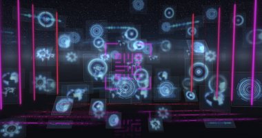 Veri işleme ve tarama alanı üzerinde çizgileri olan neon qr kodunun resmi. küresel teknoloji ve hesaplama kavramı dijital olarak oluşturulmuş görüntü.