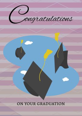 Mezuniyet mesajı ve çizgili mor arka plana karşı birden fazla mezuniyet şapkası. mezuniyet töreni ve davetiye şablonu tasarım kavramı