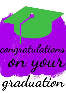 Tebrik mesajı ve mezuniyet şapkası ikonu beyaz arka planda mor boya fırçası darbesi üzerine. mezuniyet töreni ve davetiye şablonu tasarım kavramı