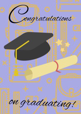 Mezuniyet konsepti ikonalarına karşı mesaj ve mezuniyet şapkası ve diploma diploması ikonları. mezuniyet töreni ve davetiye şablonu tasarım kavramı