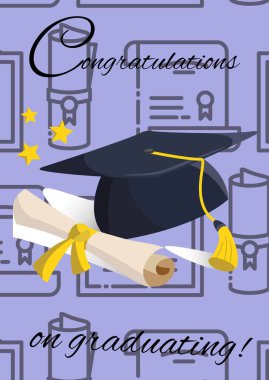 Mezuniyet konsepti ikonalarına karşı mesaj ve mezuniyet şapkası ve diploma diploması ikonları. mezuniyet töreni ve davetiye şablonu tasarım kavramı