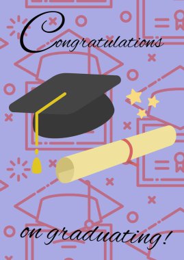 Mezuniyet konsepti ikonalarına karşı mesaj ve mezuniyet şapkası ve diploma diploması ikonları. mezuniyet töreni ve davetiye şablonu tasarım kavramı