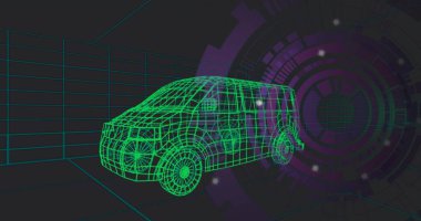 Siyah sanal ızgara stüdyosunda dönen, mor HUD gösteren neon yeşil kablo minibüs modeli gösteriliyor. Çokgen, araç, 3D, görselleştirme, fütüristik, arayüz, deniz mavisi