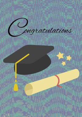 Tebrik metni ve mezuniyet şapkası ve mor arkaplandaki soyut şekillere karşı derece simgeleri. mezuniyet töreni ve davetiye şablonu tasarım kavramı