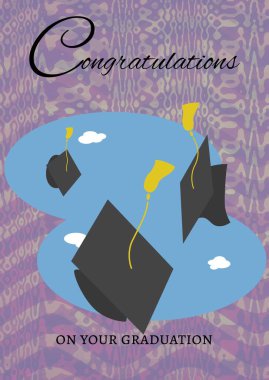 Tebrik mesajı ve mor arkaplandaki dalgalı çizgilere karşı birden fazla mezuniyet şapkası simgesi. mezuniyet töreni ve davetiye şablonu tasarım kavramı
