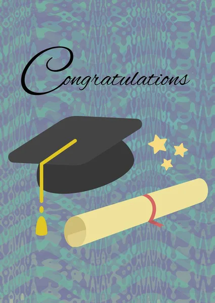 Tebrik metni ve mezuniyet şapkası ve mor arkaplandaki soyut şekillere karşı derece simgeleri. mezuniyet töreni ve davetiye şablonu tasarım kavramı