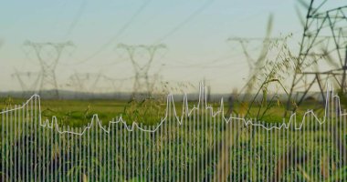 Uzun yeşil otları veri çubuklarıyla birleştirerek kırsal alanda sivri uçlu çizgiler oluşturarak sütunları gösteriyor. Çayır, çayır, kuleler, şema, üst üste, ufuk, gün doğumu