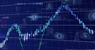 Mavi borsa grafiğinin yükselişi ve ticari UI 'nin düşüşü, şamdanlar ve yeşil çizgiler gösteriyor. Kontrol paneli, analitik, finans, göstergeler, cyan, neon, ızgara çizgileri