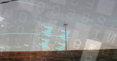 Ufuk çizgisinden yükselen ince elektrik direği Cyan HUD 'u gösteriyor, kopyalama uzayı. Anten, peyzaj, kuraklık, harita, telemetri, dataviz, üst üste