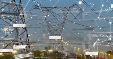 Dijital HUD 'yi kesen çelik direğe hükmeden alacakaranlık yolu üzerinde farlar ve elektrik hatlarıyla. Kule, kondüktörler, üstten, koridor, karayolu, trafik, üstüste