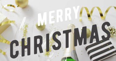Merry Christmas, flütler, altın takılar eşliğinde beyaz masada bembeyaz bir şekilde sergilenecek. Şampanya, şişe, süs, kurdele, sim, konfeti, hediye.