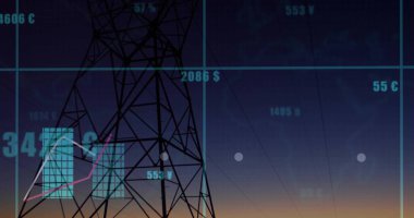 Karanlık gökyüzüne karşı siluet çelik kafes kulesi, güç hatlarını ve ızgara kaplamasını gösteriyor. Aktarım, elektrik, altyapı, pazarlama, gradyan, endüstriyel, açık hava