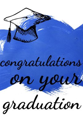 Tebrik mesajı ve mezuniyet şapkası ikonu beyaz arka planda mavi boya fırçası darbesi üzerine. mezuniyet töreni ve davetiye şablonu tasarım kavramı