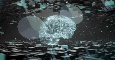 Sanal şebeke düzleminin üzerinde karo ve veri düğümleriyle süzülen holografik kablo beyni. Nöral, korteks, ağ, izleme, gösterge paneli, geleceksel, neon