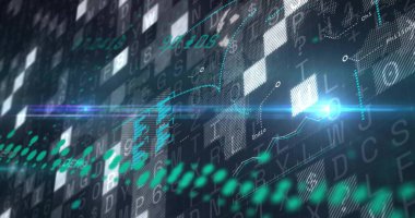 Mavi düğüm ve sayısal sembollerle HUD boyunca parlayan çapraz veri dalgası ve çizgi grafiği. Fütürist, neon, ızgara, torpido, görselleştirme, analitik, devre