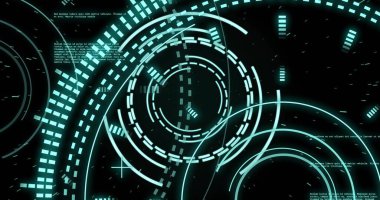 Merkezde dönen HUD kümesi konsantrik halkalar, kesik segmentler ve siyah boşlukta kene izleri gösteriyor. Çemberler, kavisler, neon, turkuaz, fütüristik, arayüz, dijital