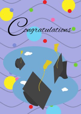 Tebrik mesajı ve mor arkaplandaki soyut şekillere karşı birden fazla mezuniyet şapkası simgesi. mezuniyet töreni ve davetiye şablonu tasarım kavramı