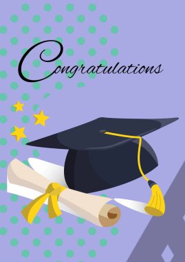 Tebrik metni ve mezuniyet şapkası ve mor arkaplandaki soyut şekillere karşı derece simgeleri. mezuniyet töreni ve davetiye şablonu tasarım kavramı