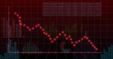 Ekranda aşağı doğru inen kırmızı çizgiler, deniz mavisi çubukları ve 3 boyutlu ızgaralar gösteriliyor. Kontrol paneli, analitik, aşağı eğilim, veri, finans, perspektif, derinlik